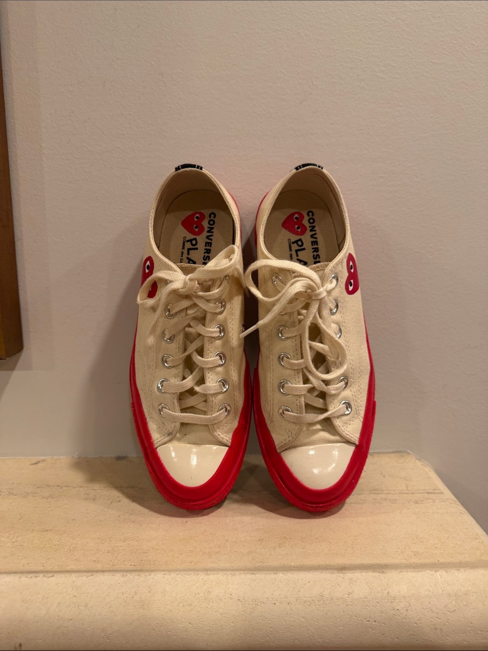 Converse PLAY Low-Top Canvas Sneakers in Cream with Red Accents